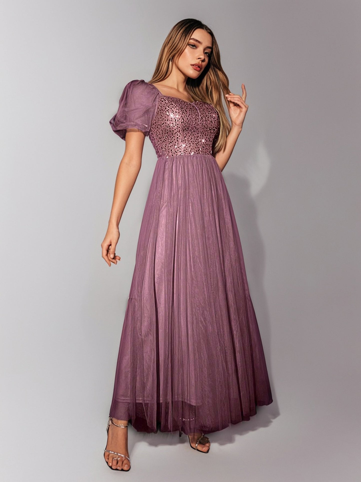 New Women's Puff Sleeve Contrast Mesh Sequin Evening Gown-ZS242