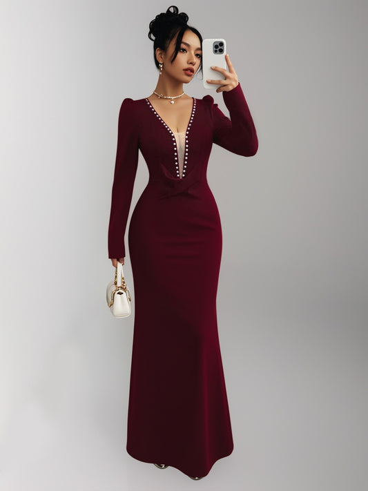 Valentine's Day Formal Red V-Neck Faux Pearl Bowknot Waist Fit & Flare Elegant Romantic Dress For Women-ZS232