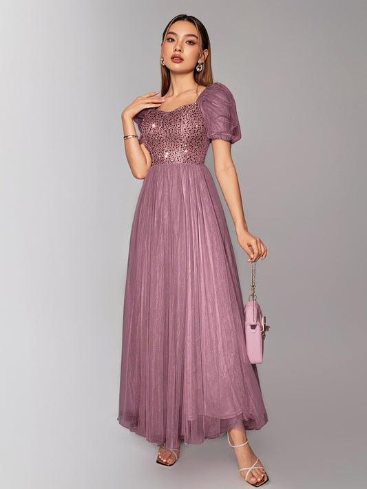 New Women's Puff Sleeve Contrast Mesh Sequin Evening Gown-ZS242