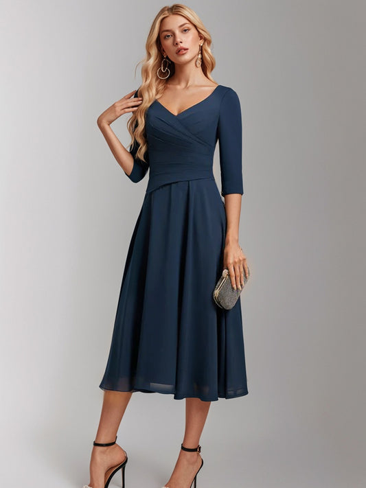 A-line V-Neck Tea-Length Chiffon Mother of the Bride Dress With Pleated-ZS262