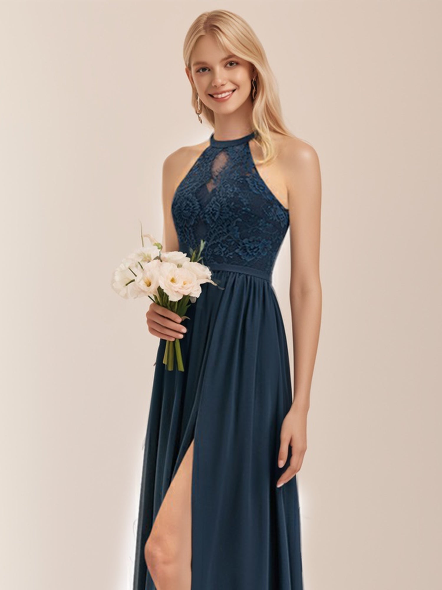 A-line High Neck Floor-Length Lace Chiffon Bridesmaid Dress With Ruffl – Bridal Glee