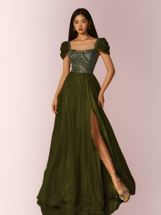 Elegant Women's Solid Color Sequin Mesh High Slit Party Dress-ZS141