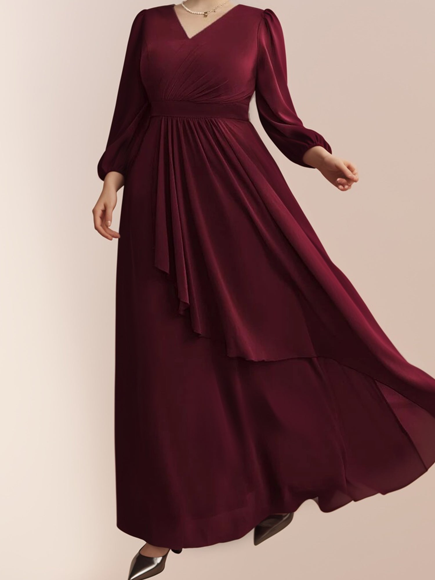 Simple Demure Burgundy Plus Size V-Neck Asymmetric Hem Long Sleeve Gow Bridal Glee Simple Demure Burgundy Plus Size V-Neck Asymmetric Hem Long Sleeve Gow Bridal Glee