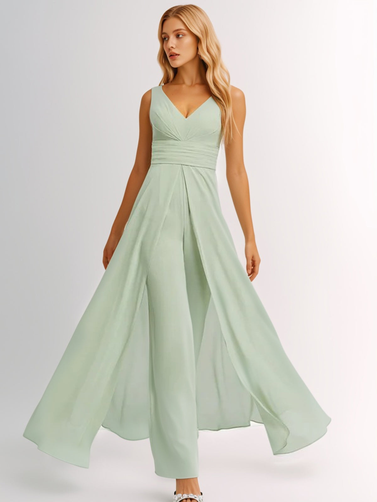 Jumpsuit/Pantsuit V-Neck Floor-Length Chiffon Bridesmaid Dress With Ru – Bridal Glee