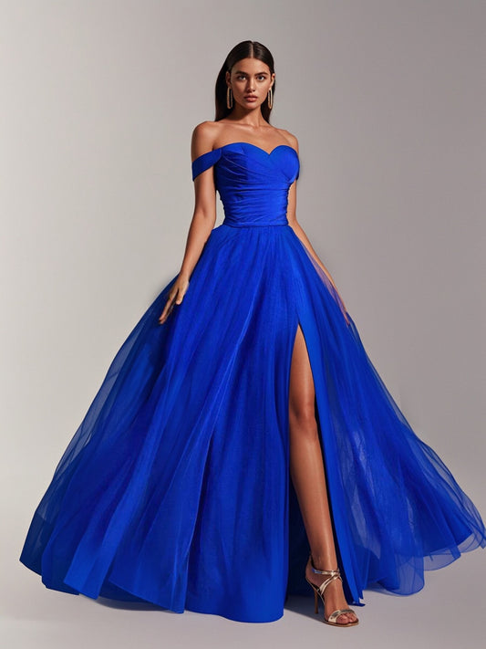Off Shoulder Ruched Mesh Prom Dress-ZS134