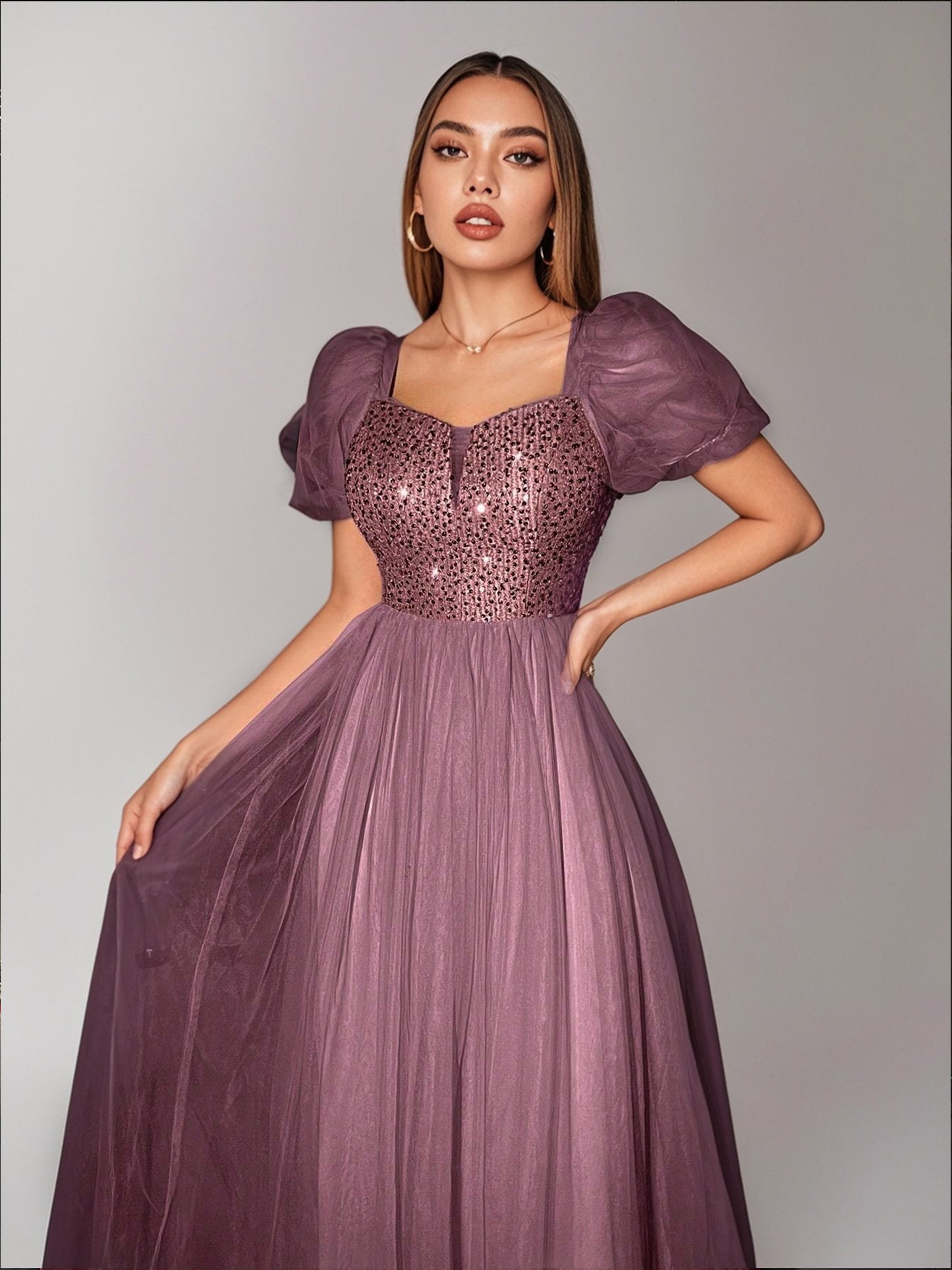New Women's Puff Sleeve Contrast Mesh Sequin Evening Gown-ZS242