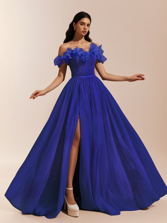 Elegant Off-Shoulder Tulle Gown With 3D Floral Applique And High Slit Long Dress-ZS149
