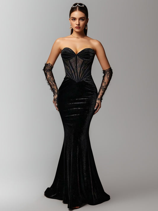 New Ladies Lace Patchwork Open Shoulder Velvet Evening Dress-ZS168