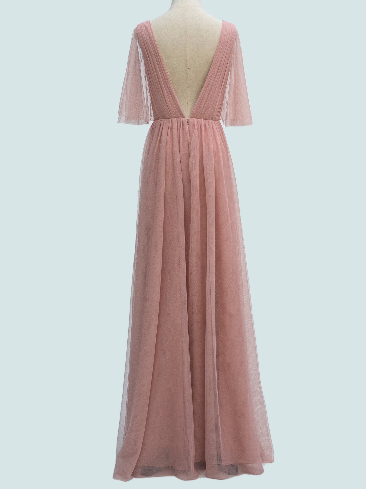 blush long sleeve bridesmaid dresses Blush Plunged Puff Empire Pleated Chiffon Long Sleeve Bridesmaid Dress